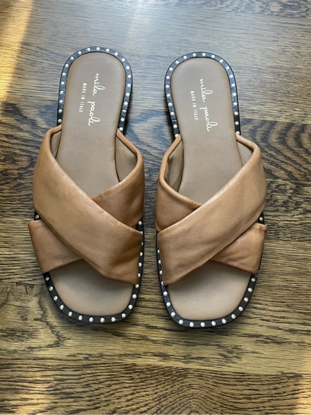 Made in Italy Mila Paoli Tan Leather Crisscross Slide Sandals